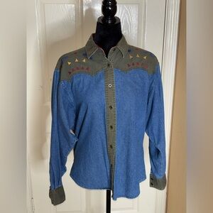 Vintage Wrangler Western Denim Shirt Embroidered Metal Button Women Large